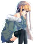  ahoge arm_support bangs black-framed_eyewear black_legwear blonde_hair blush fur_collar fur_trim glasses hands_clasped headphones jacket leaning_forward long_hair long_sleeves looking_at_viewer momijiko multicolored_hair off_shoulder open_clothes open_jacket own_hands_together persona persona_5 purple_eyes sakura_futaba short_shorts shorts silver_hair simple_background sitting sleeves_past_wrists solo squatting thighhighs white_background 
