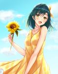  :d blue_hair blue_sky blush bow collarbone day dress floating_hair flower green_eyes hair_bow highres holding holding_flower idolmaster idolmaster_million_live! idolmaster_million_live!_theater_days long_hair looking_at_viewer nanao_yuriko open_mouth outdoors shiny shiny_hair sky sleeveless sleeveless_dress smile solo standing sundress sunflower yellow_bow yellow_dress yellow_flower yuzuyu_(hyui) 