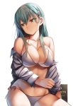  alternate_costume aqua_hair arm_across_waist arm_support bangs bare_shoulders bikini breasts cleavage closed_mouth collarbone collared_shirt commentary_request expressionless eyebrows_visible_through_hair green_eyes groin hair_between_eyes hair_ornament hairclip highres kantai_collection large_breasts lolicept long_hair long_sleeves looking_away off_shoulder open_clothes open_shirt shirt side-tie_bikini sidelocks simple_background sitting skindentation solo stomach suzuya_(kantai_collection) swimsuit thighs white_background white_bikini white_shirt 
