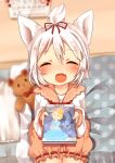  :d ^_^ animal_ears azur_lane bed bloomers blurry blurry_background blush book calendar_(object) chiitamu closed_eyes commentary_request depth_of_field facial fang fingernails holding holding_book indoors long_sleeves on_bed open_mouth partially_translated pillow puffy_long_sleeves puffy_sleeves shirt short_hair shouhou_(azur_lane) sitting sitting_on_bed smile solo stuffed_animal stuffed_toy teddy_bear topknot translation_request underwear white_hair white_shirt 
