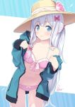  alternate_hairstyle ass_visible_through_thighs azumi_akitake bikini blue_eyes bow breasts commentary_request cowboy_shot eromanga_sensei front-tie_top green_jacket hair_bow hair_ribbon hat izumi_sagiri jacket leaning_forward long_hair open_clothes open_jacket pink_bikini pink_bow ponytail ribbon signature silver_hair small_breasts solo standing sun_hat swimsuit tress_ribbon two-tone_background very_long_hair 