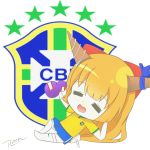  2014_fifa_world_cup =_= absurdres alcohol bangs blue_bow blue_ribbon blue_skirt blush bow brazil brazuca chibi closed_eyes drunk emblem eyebrows_visible_through_hair full_body gourd hair_bow hair_ribbon highres holding horn horn_bow horn_ribbon horns ibuki_suika jersey long_hair low-tied_long_hair lying nike oni open_mouth orange_hair red_bow red_ribbon ribbon roll_daikufu sake signature skirt smile soccer soccer_uniform solo sportswear star touhou very_long_hair white_legwear world_cup 