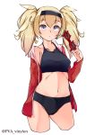  absurdres alternate_costume black_swimsuit blonde_hair blue_eyes commentary_request cowboy_shot enemy_lifebuoy_(kantai_collection) eyewear_removed gambier_bay_(kantai_collection) hair_between_eyes hairband highres holding holding_eyewear kantai_collection navel red_hoodie solo sunglasses swimsuit thighs twintails twitter_username uut white_background 
