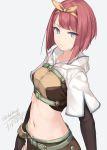  alternate_costume ark_royal_(kantai_collection) artist_name belt belt_buckle black_gloves blue_eyes breasts buckle dated elbow_gloves fingerless_gloves gloves green_belt grey_background hairband hunter_(ragnarok_online) kantai_collection medium_breasts midriff navel ragnarok_online red_hair rokuwata_tomoe short_hair simple_background smile solo tsurime twitter_username yellow_hairband 