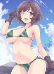  ;d akiyama_yukari bangs bare_shoulders bikini blush breasts brown_eyes brown_gloves brown_hair camouflage camouflage_bikini cleavage cloud collarbone cowboy_shot day girls_und_panzer gloves green_bikini hasu_(hk_works) large_breasts messy_hair navel one_eye_closed open_mouth shiny shiny_hair short_hair sky smile solo strap_gap string_bikini swimsuit underboob 