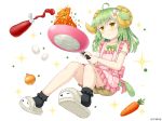  &gt;:( ahoge animal_ears apron asatsuki_(monmusu_harem) bangs black_legwear blush carrot closed_mouth collarbone company_name cooking egg eyebrows_visible_through_hair flower food fried_rice frilled_apron frills frying_pan full_body green_hair green_ribbon hair_between_eyes hair_flower hair_ornament holding holding_frying_pan horns jewelry ketchup ketchup_bottle long_hair looking_away monmusu_harem namaru_(summer_dandy) official_art onion peas pink_apron pocket ribbon ring sheep_ears sheep_girl sheep_horns shiny shiny_hair shirt short_sleeves sidelocks simple_background slippers socks solo sparkle sweatdrop v-shaped_eyebrows wedding_band white_background white_flower white_footwear white_shirt yellow_eyes 