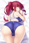  arm_support ass back bangs bare_legs bare_shoulders bed bed_sheet bent_over blue_swimsuit blush breasts brown_eyes cameltoe closed_mouth commentary_request competition_swimsuit cowboy_shot eyebrows_visible_through_hair huyumitsu long_hair looking_at_viewer looking_back nape one-piece_swimsuit original presenting red_hair school_swimsuit sheet_grab shoulder_blades smile solo swimsuit thighs top-down_bottom-up trefoil 