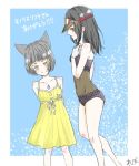  animal_ears bad_anatomy bangs blunt_bangs breasts cat_ears collarbone commentary_request dress dress_swimsuit gloves hat long_hair looking_at_viewer meleph_(xenoblade) military multiple_girls niyah one-piece_swimsuit reb0reb0re short_hair silver_hair simple_background smile swimsuit xenoblade_(series) xenoblade_2 yellow_eyes 