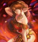  bracelet breasts brown_hair circlet cleavage dancer e_f_regan826 earrings jewelry long_hair looking_at_viewer navel necklace octopath_traveler ponytail primrose_azelhart protected_link simple_background smile solo 