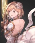  artist_name backless_dress backless_outfit bangs blonde_hair brown_eyes djeeta_(granblue_fantasy) dress earrings flower from_behind granblue_fantasy hair_flower hair_ornament highres holding holding_sword holding_weapon jewelry looking_back milli_little open_mouth shiny shiny_hair short_hair shoulder_armor solo spaulders swept_bangs sword the_glory upper_body weapon white_dress white_flower 
