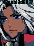  armor blue_eyes close-up closed_mouth commentary_request copyright_name dark_skin dated elma_(xenoblade_x) eyelashes face forehead fujimoto_hideaki lips long_hair looking_afar serious smile solo v-shaped_eyebrows white_hair widow's_peak xenoblade_(series) xenoblade_chronicles_x 