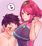  1girl blush breasts earrings hair_ornament hetero homura_(xenoblade_2) hug jewelry large_breasts long_hair looking_at_viewer navel ooshima_aki red_eyes red_hair rex_(xenoblade_2) short_hair simple_background smile tiara xenoblade_(series) xenoblade_2 