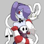  1girl bare_shoulders blue_skin breasts cleavage detached_collar detached_sleeves dress female hair_over_one_eye leviathan_(skullgirls) monster_girl red_eyes side_ponytail skullgirls squigly_(skullgirls) stitched_mouth stitches striped striped_sleeves zombie 