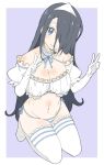  bad_twitter_id bikini black_hair blue_neckwear blue_ribbon breasts closed_mouth detached_collar donguri_suzume double_w elbow_gloves full_body gloves hair_over_one_eye hands_up head_tilt highres kneeling large_breasts legs_together long_hair looking_at_viewer navel neck_ribbon one_eye_covered original puffy_short_sleeves puffy_sleeves purple_background purple_bikini purple_eyes ribbon short_sleeves side-tie_bikini simple_background smile swimsuit thighhighs triangular_headpiece very_long_hair w white_gloves white_legwear 