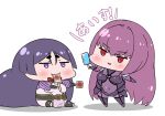  :3 bodysuit chibi commentary_request covered_navel fate/grand_order fate_(series) food hair_intakes highres holding jitome long_hair looking_at_viewer minamoto_no_raikou_(fate/grand_order) multiple_girls navel parted_lips pelvic_curtain popsicle puffy_sleeves purple_eyes purple_hair red_eyes red_hair rei_(rei_rr) sash scathach_(fate)_(all) scathach_(fate/grand_order) simple_background sitting smile thighhighs translated white_background 