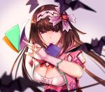  bangs bat bow breasts brown_hair cleavage cloak commentary_request crystal eyebrows_visible_through_hair fate/grand_order fate_(series) gradient_hair hair_ornament hairband highres holding jewelry long_hair moriyama_daisuke mouth_hold multicolored_hair no_eyewear origami osakabe-hime_(fate/grand_order) paper pink_bow purple_eyes ribbon simple_background solo twintails very_long_hair 