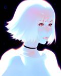  black_background black_choker blush choker closed_mouth commentary_request copyright_request highres ilya_kuvshinov nose_blush pink_lips red_eyes shirt short_hair simple_background smile solo upper_body white_hair white_shirt 