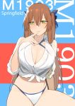  alternate_costume alternate_hairstyle arm_support bangs bikini blush breasts brown_hair character_name cleavage closed_mouth commentary_request eyebrows_visible_through_hair finger_to_mouth girls_frontline green_eyes hair_between_eyes hair_ribbon hair_rings juz large_breasts long_hair looking_at_viewer m1903_springfield_(girls_frontline) o-ring o-ring_top ponytail ribbon see-through shirt sidelocks sitting skindentation smile solo stomach swimsuit thighs tied_shirt white_bikini white_shirt 