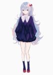  bad_id bad_twitter_id bangs bow closed_mouth crossed_bangs dress full_body grey_hair hair_between_eyes hair_bow hands_in_pockets highres long_hair looking_at_viewer one_side_up original p2_(uxjzz) purple_dress purple_eyes purple_legwear red_bow red_footwear shoes short_dress simple_background socks solo standing very_long_hair wavy_hair white_background 