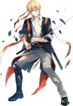  aqua_eyes blonde_hair blood collared_shirt full_body headband injury katana kiwame_(touken_ranbu) male_focus official_art one_eye_closed open_clothes open_shirt pants shin_guards shirt solo sword toichi_(ik07) torn_clothes torn_pants touken_ranbu transparent_background weapon wince yamanbagiri_kunihiro 