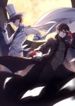  absurdres amamiya_ren black_cape black_hair black_pants blue_shirt brown_hair cape crossover full_moon gloves hat highres holding jacket kaitou_kid looking_at_viewer magic_kaito male_focus mask moon multiple_boys necktie pants parted_lips persona persona_5 red_gloves red_neckwear shirt smile white_cap white_hat white_jacket yumuto_(spring1786) 
