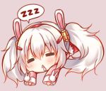  =_= animal_ears azur_lane blush bunny_ears chibi closed_eyes commentary_request facing_viewer grey_hair laffey_(azur_lane) long_hair long_sleeves lying on_stomach parted_lips pink_background simple_background sleeves_past_wrists solo speech_bubble suzune_rena triangle_mouth twintails zzz 