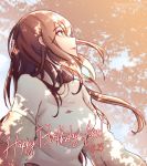  absurdres angerykacchan artist_name bang_dream! blouse brown_hair dappled_sunlight dated earrings english green_eyes happy_birthday highres imai_lisa jewelry long_hair looking_up outdoors parted_lips solo sunlight twitter_username upper_body white_blouse 