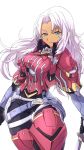  armor bodysuit boots breasts commentary_request dark_skin elma_(xenoblade_x) gloves hair_ornament highres long_hair looking_at_viewer nke_toumi simple_background smile solo thigh_boots thighhighs weapon white_hair xenoblade_(series) xenoblade_2 xenoblade_chronicles_x 
