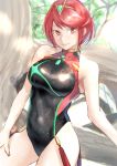  blush breasts commentary_request earrings gold_trim highres homura_(xenoblade_2) jewelry kilye_4421 large_breasts looking_at_viewer one-piece_swimsuit red_eyes red_hair short_hair smile solo swimsuit tiara xenoblade_(series) xenoblade_2 