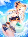  abigail_williams_(fate/grand_order) ass bare_arms bare_shoulders bikini black_bikini black_bow blonde_hair blue_eyes blue_sky blush bow closed_mouth cloud commentary_request day double_bun emerald_float fate/grand_order fate_(series) fingernails foreign_blue green_innertube highres innertube long_hair looking_at_viewer looking_to_the_side orange_bow outdoors polka_dot polka_dot_bow side_bun sidelocks sky solo standing swimsuit transparent wading water 