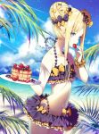  abigail_williams_(fate/grand_order) bangs bare_legs bare_shoulders beach bikini blonde_hair blue_eyes bow bracelet cake cloud cloudy_sky day eating emerald_float fate/grand_order fate_(series) food frilled_bikini frills fruit hair_bow hair_ornament holding holding_tray jewelry kinokohime long_hair looking_away navel ocean outdoors palm_tree pancake parted_bangs polka_dot polka_dot_bow shadow sky solo strawberry swimsuit tray tree 