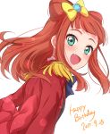  :d aikatsu!_(series) aikatsu_stars! aqua_eyes bangs bell blunt_bangs bow commentary_request dated epaulettes fang from_behind hair_bell hair_bow hair_ornament happy_birthday highres jacket jingle_bell lips long_hair long_sleeves looking_at_viewer looking_back open_mouth red_hair red_jacket red_ribbon ribbon s4_uniform saotome_ako sekina simple_background smile solo white_background yellow_bow 
