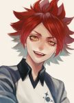  :d bangs collared_shirt commentary_request fangs highres inazuma_eleven inazuma_eleven_(series) looking_at_viewer male_focus murasaki_(fioletovyy) nagumo_haruya open_mouth raglan_sleeves red_hair red_lips shirt smile solo spiked_hair symbol-shaped_pupils upper_body white_background wing_collar yellow_eyes 