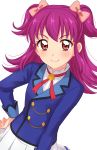  absurdres aikatsu! aikatsu!_(series) blue_jacket blush bow brown_eyes closed_mouth commentary_request eyebrows_visible_through_hair hair_bow hand_on_hip highres jacket long_hair long_sleeves looking_at_viewer minowa_hikari neck_ribbon pink_bow pleated_skirt purple_hair red_ribbon ribbon sekina shirt simple_background skirt smile solo starlight_academy_uniform two_side_up upper_body white_background white_shirt white_skirt 