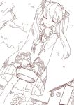  brown_hair coma_(macaron) commentary_request dress ear_covers flower house long_hair lymle_lemuri_phi monochrome pointy_ears smile socks solo star_ocean star_ocean_the_last_hope twintails 