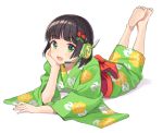  :d barefoot black_hair blush breasts floral_print food_themed_hair_ornament green_eyes green_kimono hair_ornament hand_on_own_cheek headset highres japanese_clothes kimono kyomachi_seika looking_at_viewer lying medium_hair official_art on_stomach open_mouth shigure_ui simple_background small_breasts smile solo strawberry_hair_ornament the_pose voiceroid white_background wide_sleeves 