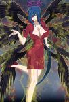  aura bird_wings black_wings blue_background blue_hair breasts cleavage commentary_request double_halo feathered_wings hair_between_eyes hair_over_one_eye halo high_heels high_school_dxd highres jewelry kalawarner large_breasts long_hair multiple_wings necklace smile solo thighhighs very_long_hair wings yellow_eyes yxyyxy 