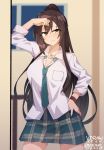  bangs blue_neckwear blue_skirt blurry blurry_background breast_pocket brown_eyes brown_hair closed_mouth collared_shirt contrapposto cowboy_shot dated depth_of_field eyebrows_visible_through_hair hand_on_hip hand_up highres idolmaster idolmaster_shiny_colors indoors long_hair long_sleeves looking_at_viewer necktie pleated_skirt pocket ponytail popped_collar shirase_sakuya shirt skirt smile solo tilt-shift twitter_username very_long_hair wing_collar wristband 