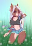  anthro asheraart big_breasts breasts canine costume fan_character female hair mammal nature nipple_bulge off_shoulder safe summer white_hair wolf young 
