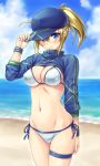  2-g ahoge artoria_pendragon_(all) baseball_cap beach bikini blue_eyes blue_hat closed_mouth cloud cowboy_shot day fate/grand_order fate_(series) hair_through_headwear hat looking_at_viewer mysterious_heroine_xx_(foreigner) ponytail shrug_(clothing) sky solo standing swimsuit thighlet water white_bikini 