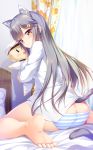  absurdres admiral_(kantai_collection) animal_ear_fluff animal_ears ass barefoot bed_sheet blurry blurry_background blush breasts brown_eyes butt_crack cat_ears cat_tail character_doll closed_mouth commentary_request curtains day eyebrows_visible_through_hair feet from_behind frown grey_hair hair_ornament haruna_(kantai_collection) highres indoors kantai_collection kemonomimi_mode large_breasts long_hair long_sleeves looking_at_viewer looking_back object_hug on_bed panties shirt sitting solo striped striped_panties stuffed_toy tail underwear wariza white_shirt window yuumaru_(you-mya) 