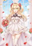  admiral_hipper_(azur_lane) azur_lane bangs bare_shoulders blonde_hair blue_sky blurry blurry_foreground blush bouquet brown_flower brown_rose cloud commentary_request day depth_of_field dress elbow_gloves eyebrows_visible_through_hair flower gloves green_eyes hair_between_eyes headgear highres holding holding_bouquet indoors jewelry long_hair open_mouth petals pleated_dress pong_(vndn124) red_flower red_rose ring rose rose_petals round_teeth see-through sky solo sparkle standing standing_on_one_leg strapless strapless_dress tears teeth thighhighs tiara two_side_up upper_teeth veil wedding_band wedding_dress white_dress white_gloves white_legwear window 