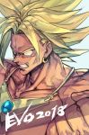  blank_eyes blonde_hair broly clenched_hand clenched_teeth dragon_ball dragon_ball_z earrings fingernails gorget hankuri jewelry male_focus muscle shirtless solo teeth upper_body 