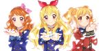  aikatsu! aikatsu!_(series) aikatsu_stars! black_bow blonde_hair blue_jacket blush bow brown_eyes brown_hair closed_mouth eyebrows_visible_through_hair eyelashes gradient_hair hair_bow hairband hands_up highres hoshimiya_ichigo jacket long_hair long_sleeves looking_at_viewer multicolored_hair multiple_girls neck_ribbon nijino_yume oozora_akari petals pink_bow pink_eyes pink_hair red_eyes red_jacket red_neckwear red_ribbon ribbon s4_uniform sekina short_hair simple_background smile starlight_academy_uniform twintails uniform white_background 