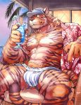  2018 abs absurd_res alcohol anthro beverage biceps bulge chest_tuft claws clothed clothing cocktail cocktail_umbrella digital_media_(artwork) feline fur hat hawaiian_shirt hi_res jockstrap kemono male mammal muscular muscular_male pecs purple_eyes shirt sitting solo striped_fur striped_tail stripes tiger tuft tupidwithouts underwear 