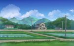  bad_pixiv_id biako blue_sky bush cloud day grass hedge_(plant) highres house mountain no_humans original outdoors power_lines revision rice_paddy road rural scenery sky telephone_pole water window 