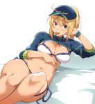  ahoge artoria_pendragon_(all) bangs baseball_cap bikini blonde_hair blue_eyes blue_hat blush breasts cleavage commentary_request fate/grand_order fate_(series) hair_between_eyes hair_through_headwear hat highres hips long_hair looking_at_viewer medium_breasts mouth_hold mysterious_heroine_xx_(foreigner) navel ponytail shrug_(clothing) side-tie_bikini sidelocks simple_background smile solo swimsuit thighs tokiwa_midori_(kyokutou_funamushi) white_background white_bikini wristband zipper_pull_tab 