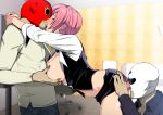  1girl ass black_skirt blush bow bowtie breast_grab breasts breasts_outside chair croupier cunnilingus eyes_closed from_side grabbing gureko_rouman highres indoors kiss large_breasts legs licking mask no_bra open_clothes oral pink_hair red_mask rio_rollins short_hair skirt standing super_blackjack sweat thighs white_mask 