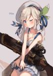  beret blonde_hair blue_eyes breasts cleavage commentary_request cucouroux_(granblue_fantasy) dress eip_(pepai) granblue_fantasy gun hair_ribbon hat one_eye_closed overskirt ribbon rifle sitting twintails weapon 