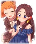  :d aikatsu! aikatsu!_(series) bangs bare_shoulders blue_dress blunt_bangs blush bow brown_dress closed_eyes closed_mouth commentary_request dress eyebrows_visible_through_hair flower fujiwara_miyabi_(aikatsu!) hair_bow hair_flower hair_ornament hand_on_own_chest hands_on_another's_shoulders highres kurisu_kokone long_hair multiple_girls open_mouth orange_hair sekina simple_background smile sweatdrop very_long_hair white_background 